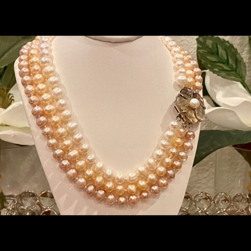 3 strand 3 color 16" Real Pearl Necklace,